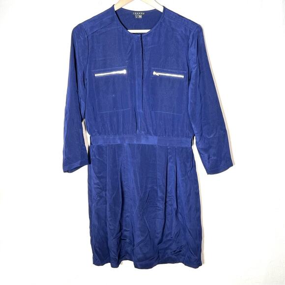 Theory royal blue silk blend 3/4 sleeve pleated shift dress size 8 B96 - Picture 1 of 4